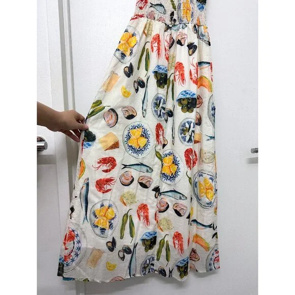 Lisa Says Gah Annie Food Print Maxi Dress Tapas Ivory Lemon Olive Fruit S - Picture 9 of 13